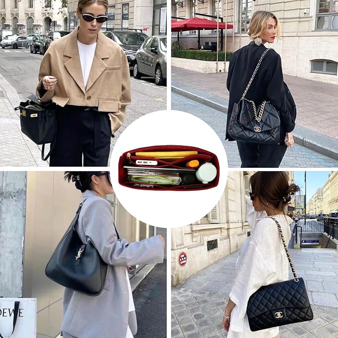 Surblue Purse Organizer Insert for Handbags, Felt Bag Organizer with Zippers Handbag Shaper Pouch for Classic 19 Flap Bag, Marmont, Onthego,（Burgundy, Slender L）