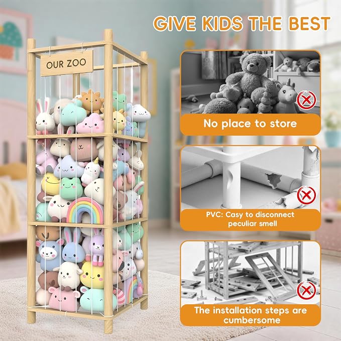 Stuffed Animal Storage Organizer, 53.5" Solid Wood Zoo Toy Holder for Kids Bedroom, Nursery & Playroom, Large Plush Toy Storage Holder, Holds 40 Plush Stuffed Animals, No-Tool Easy Assembly