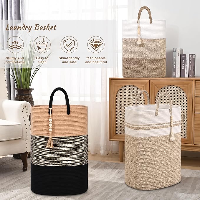 Woven Laundry Basket for Clothes, 80 L Large Rectangle Laundry Hampers with Beads Tassel, Nursery Storage Basket for Toys, Tall Dirty Clothes Hamper for Bedroom Aesthetic, Laundry Room Organization