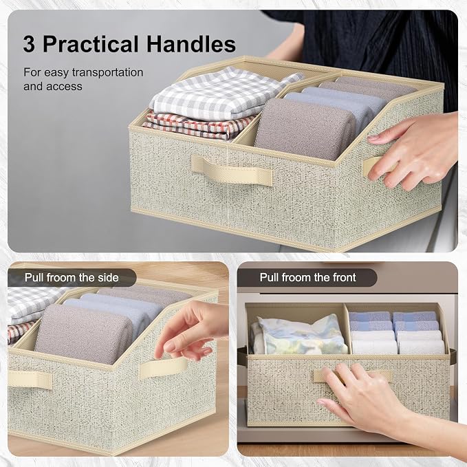 Trapezoid Storage Bins 6 Pack, Closet Organizer Baskets with Divider & Handles,Fabric Shelf Organizers, Collapsible Storage Cubes for Clothes, Towels, Toys - Beige