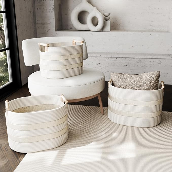 RGI Home Storage Baskets for Organizing, Textured Linen and Fabric Rope, Set of 3 Oval Decorative Woven Bins, Multi-Sized with Easy-Carry Premium Wooden Handles, Cream with Ivory Trim