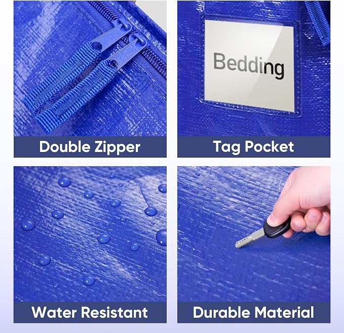 TICONN 4 Pack Extra Large Moving Bags with Zippers & Carrying Handles, Heavy-Duty Storage Tote Moving Boxes for Space Saving (4 PK, 18 Gallon)