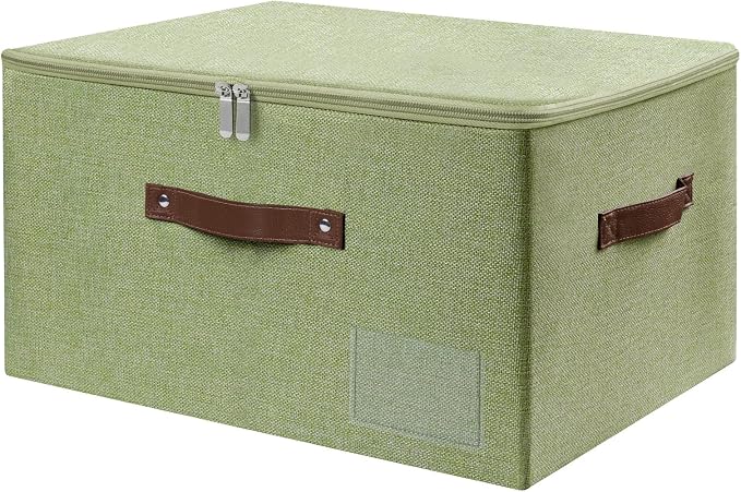 ANMINY Storage Bins with Zipper Lid Storage Boxes with Label Holder PU Leather Handles Washable Foldable Decorative Lidded Cotton Linen Fabric Cubes Baskets Closet Organizer - Green, Large