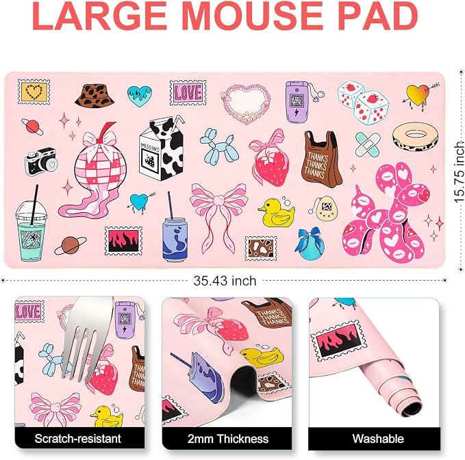 L-SPOUTTO Cute Desk Mat for Keyboard and Mouse,Girly XXL Large Mouse Pad | Non-Slip Keyboard Pad Waterproof Desktop Mat for Laptop Computer Work Game Home Office-Cartoon Pink
