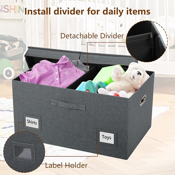 Graciadeco 75 Quarts Extra Large Decorative Storage Bins with Lids, 3 Packs Dark Gray Collapsible Storage Bins with Lids, Stackable Storage Bins Decorative Box Storage With Lid Extra Large