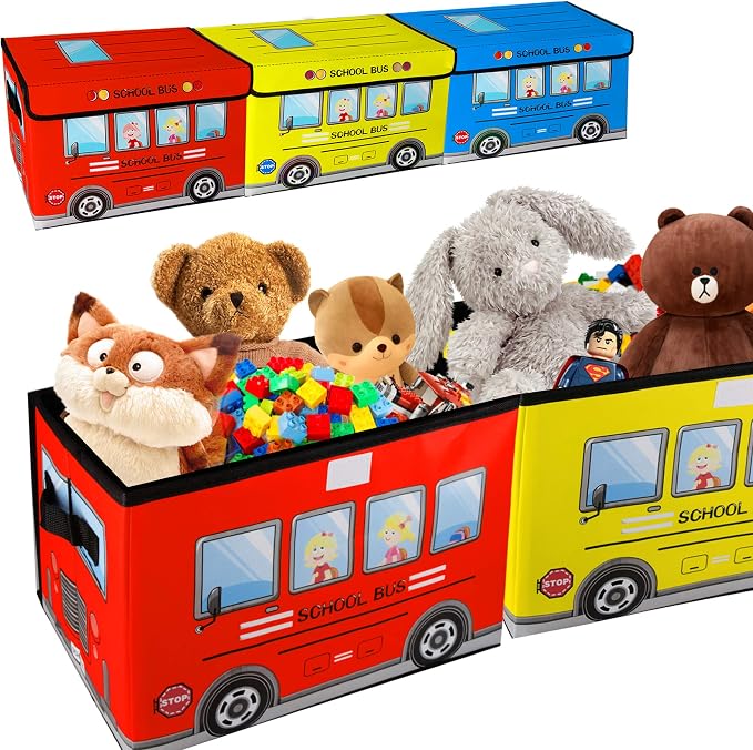 Kids Toy Chest,Collapsible Storage Cubes Organizer with Handles, Kids Toy Bin with Lids, School Bus Pattern Toy Storage Organizer for Playroom, Closet, Living Room, Kids Birthday Gifts,3 Packs