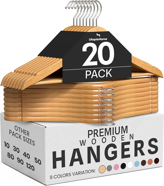 Utopia Home Premium Wooden Hangers 20 Pack - Heavy Duty & Durable Coat Hanger - Wood Hanger with 360-Degree Rotatable Hook - Clothes Hangers with Non-Slip Shoulder Notches For Shirts & Coats (Natural)