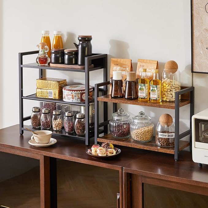 IBUYKE 3-Tier Spice Rack Industrial Counter Shelf Desktop Storage Organizer Standing Seasoning Rack for Countertop Kitchen Office Living Room Desktop Black UTLJ021B