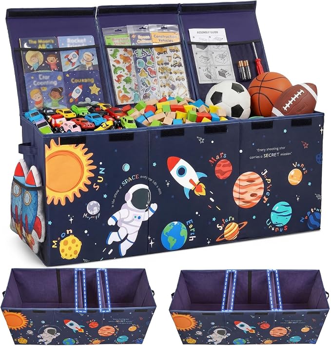Unicorn Castle Toy Box with Adjustable Divider Toy Chest Storage Large Toy Storage Organizer Bin Collapsible with Lid Pockets for Nursery Playroom,Blue Astronaut