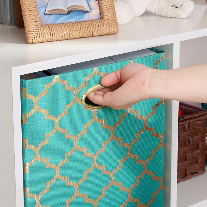 Posprica 11x11x11 Storage Cube Bins, Collapsible Storage Bins Fabric Storage Cubes Organizer Baskets Box Drawers for Shelves, Closet, Wardrobe, Bookshelf, Cabinet, Sky Blue/Gold Lantern, 4 Pack