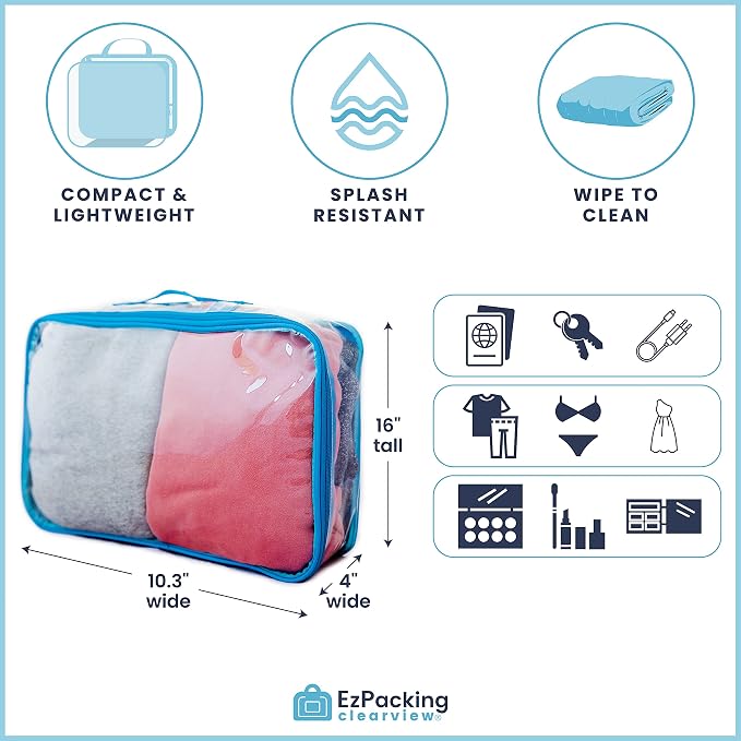 Large Clear Travel Packing Cube/See-Through PVC Organizer for Suitcase/Multipurpose Pouch w/Handle/Dress Shirts, Pants, Cashmere, Sweaters & Seasonal Linen Storage Protection (Pink)