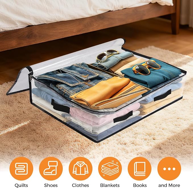 2 Pack Under Bed Storage Bags, 60L Foldable Clear Storage Containers with Handles, Dual Zippers for Comforter, Clothes, Bedding, Linen Sheets, Sweaters, Blanket Storage