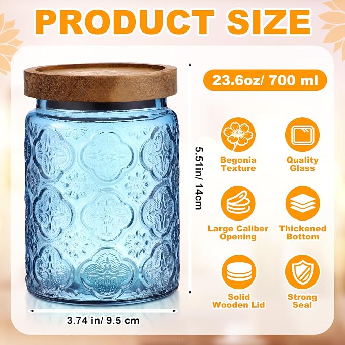 LemonRoad 2 Pcs Vintage Blue Glass Storage Jars 23.7 oz Mason Jar Canister with Wood Lids Food Storage Container for Cookie, Pantry, Candy Kitchen, Coffee, Tea, Flour, Sugar, Decorative Home Decor