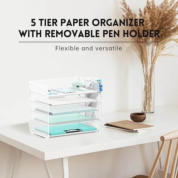 SUPEASY 5 Tier Desk Organizer with Handle & Removable Pen Holders, Mesh Paper/File Organizer for Desk, Paper Letter Tray Organizer for Office Supplies (White)