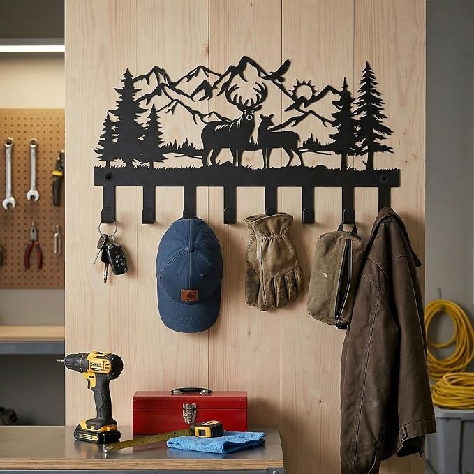 Deer Metal Key Holder for Wall, 14.5" X 8.9", Key Hooks for Wall Organizer, Key Rack, Forest Theme Coat Hat Towel Hooks, Ideal for Living Room, Hallway, Office