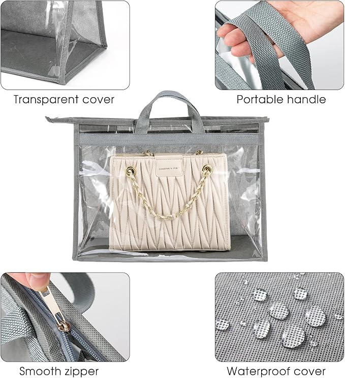 Handbag Dust Bags Clear Purse Storage Organizer for Closet Small to Extra Large Handbags Dust Free Bags Hanging Zipper Storage Bag with Hooks, ( Grey, 4 Sizes-8PCS)