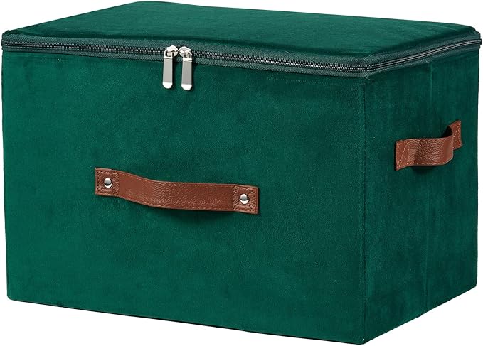 Storage Bins with Zipper Lid Velvet Fabric Storage Boxes Lidded Baskets Foldable Washable Decorative Closet Shelf Clothes Organizer Container with PU Leather Handles (Deep Green, Large)