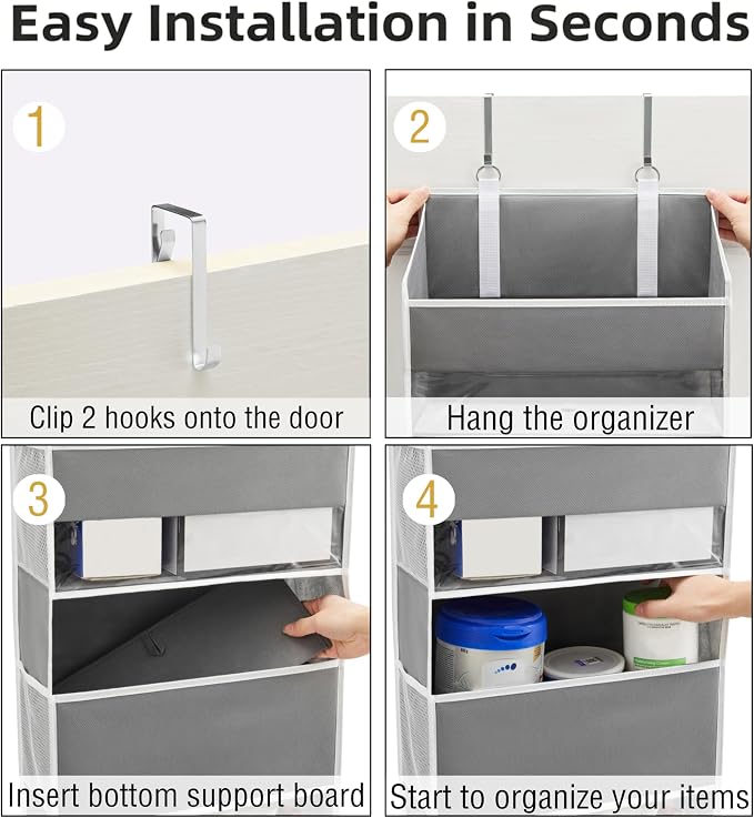 5 Tiers Over The Door Organizer Hanging - EXTRA THICK & 50lbs HUGE CAPACITY, 10 Side Mesh Pockets Over The Door Shoe Organizer, for Closet, Diaper Organizer, Bedroom, Bathroom,Nursery (Grey, 1pc)