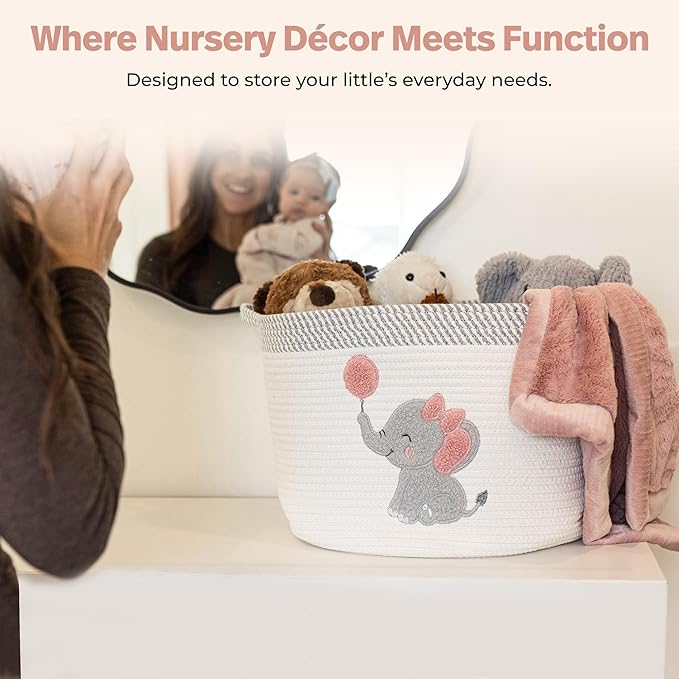 Elephant Storage Basket for Nursery – Large 15”x11” Cotton Rope Bin with Soft Felt Elephant Patch – Toy Organizer, Baby Laundry Hamper, Diaper & Towel Holder – Foldable, Washable & Baby-Safe