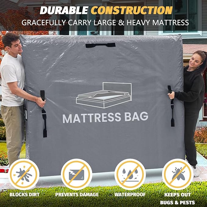 Mattress Bags for Moving and Storage, BETU Waterproof Mattress Protector Twin XL Mattress Cover with 8 Heavy Duty Handles and Zipper Extra Thick Moving Supplies for Dorm (2 Pack:82x42x13.5 Grey)