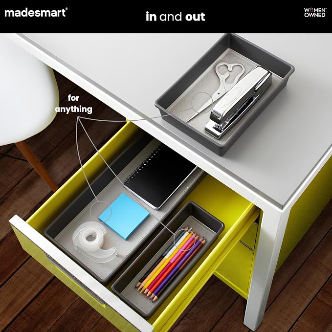 madesmart 3 Bin Drawer Organizer Set, Multi Purpose Storage for Utensils, Office & Bathroom, Organizer for Cutlery, Peeling Tools, Spatulas, Soft Grip Lining & Non Slip Feet, Granite