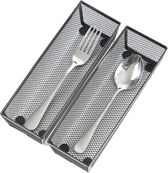 BYCY Silverware Drawer Organizer, Mesh Utensil Organizer for Kitchen Storage, Black Steel Metal Mesh Tray for Flatware Fork Spoon Knife… (9 * 3-5P-Black)