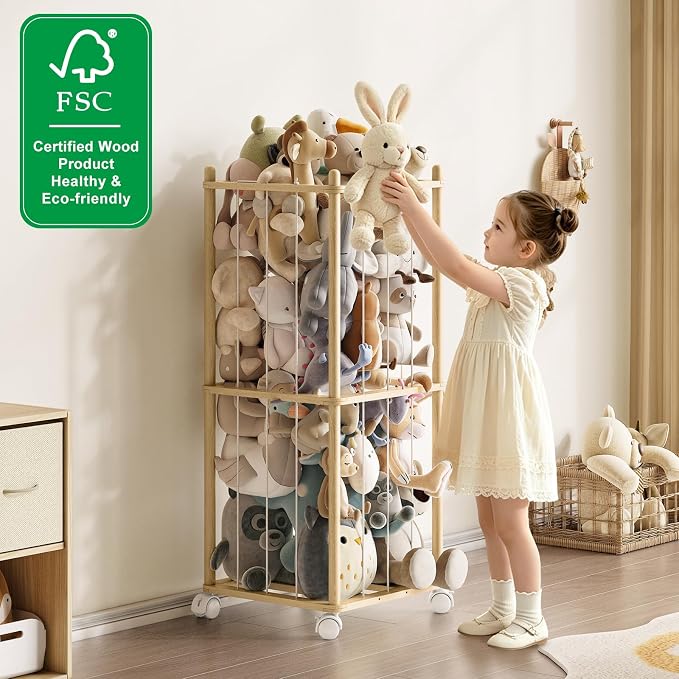 EXPERLAM Stuffed Animal Storage Zoo with Wheels,Montessori-Inspired Solid Pine Wood Plush Toy Organizer,Stuffed Animal Holder with Thick Elastic Cords for Kids Room,Nursery and Bedroom,Small