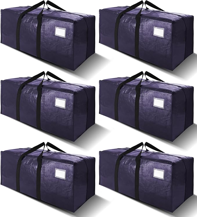 VELVETSURE Heavy Duty Extra Large Moving Bags W/Backpack Straps - Strong Handles & Zippers, Storage Totes For Space Saving, Fold Flat, Alternative to Moving Box and Storage Bin (Set of 6, Blue)