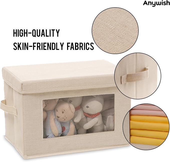 3-Pack Storage Bins with Lids & Clear Window, Foldable Fabric Closet Organizer Boxes, Stackable Cube Baskets with Soft Handles for Clothes & Blankets, 15", Beige