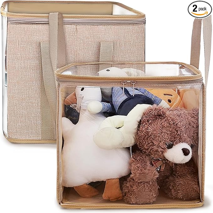 holay 2 Pack Foldable PVC Storage Bins with Transparent Lid & Handles, Large 12-Inch Cube Organizer Boxes for Clothes, Toys & Books (Brown, Large)