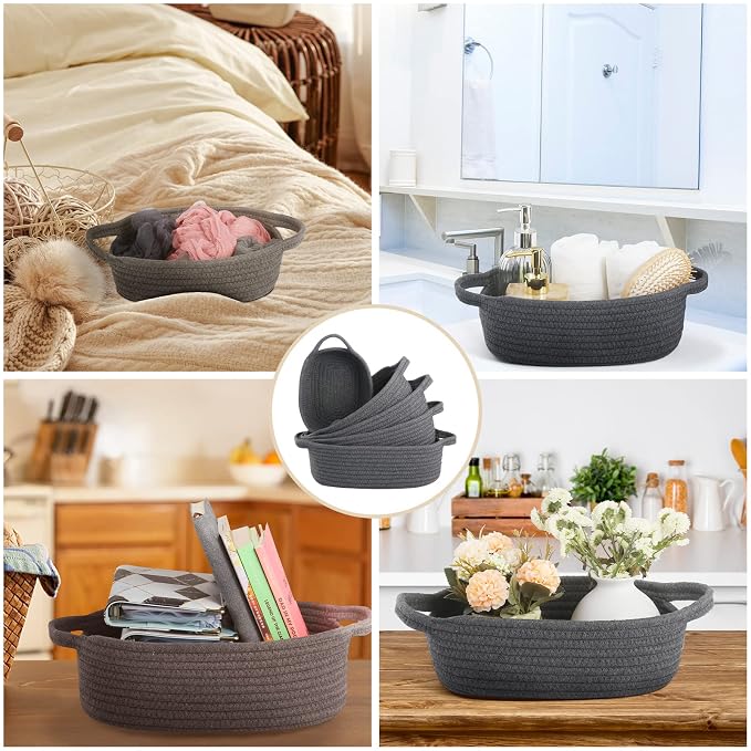 VOOWO Set of 5 Rectangular Cotton Rope Baskets for Storage, Organizing, Decorating, Dark Gray