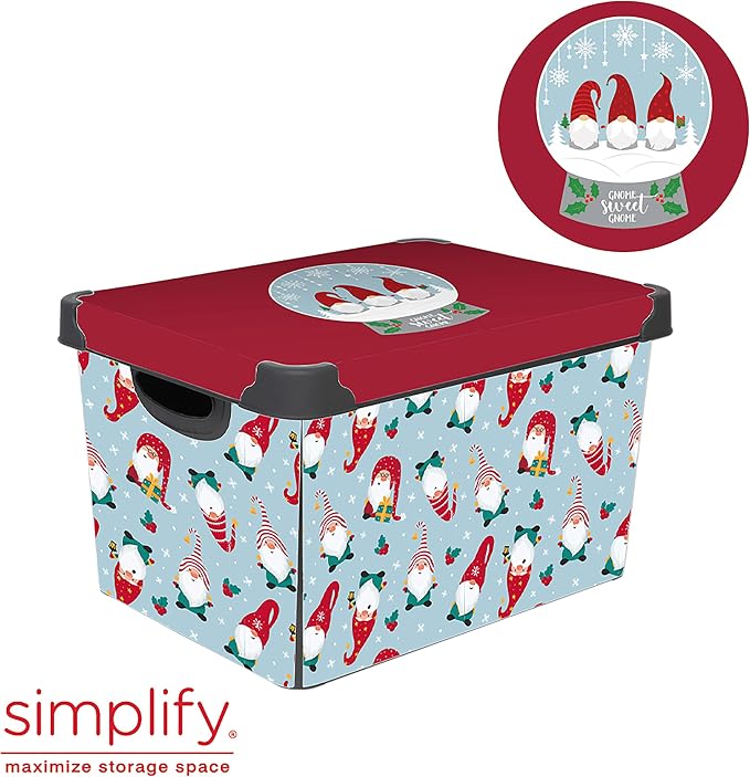 Simplify “Gnome Sweet Gnome" Design Storage Bin | Christmas Tote | Holiday Décor Decorations Organizer | Lidded | Stackable | White