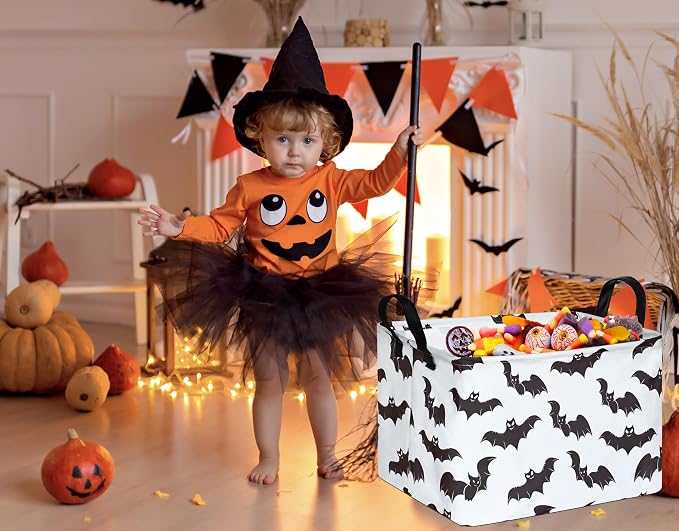Halloween Bat Storage Basket with Handles Open Gifts&Candy Spooky Basket stuffers for Kids Baby Collapsible Women Organizer Bins Toys Boxes for Shelves Home Office