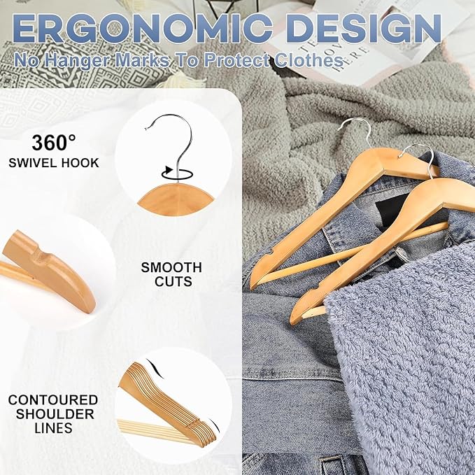 Wooden Hangers 80 Pack,Wood Hangers for Coats, Suits, Jackets, Closet & Pants Durable Premium Wood Hangers with 360-Degree Rotatable Hook and Notches, Natural