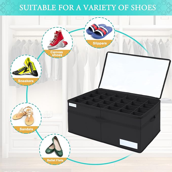 Luvhomee Shoe Storage Organizer, Fits 24 Pairs, Large Shoe Organizer Box for Closet, Clear Foldable Shoes Containers w/Bottom Support, Space Saving Shoe Cubby Storage Boxes w/Reinforced Handles, Black