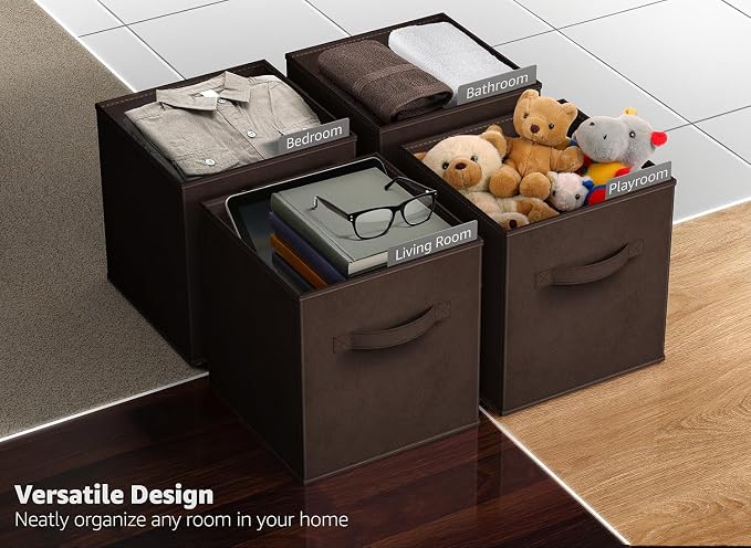 Sorbus Foldable Storage Cubes - 6 Fabric Baskets for Organizing Pantry, Closet, Shelf, Nursery, Playroom, Toy Box, Cubby -11 Inch Dual Handle Collapsible Closet Organizers and Storage Bins (Chocolate)