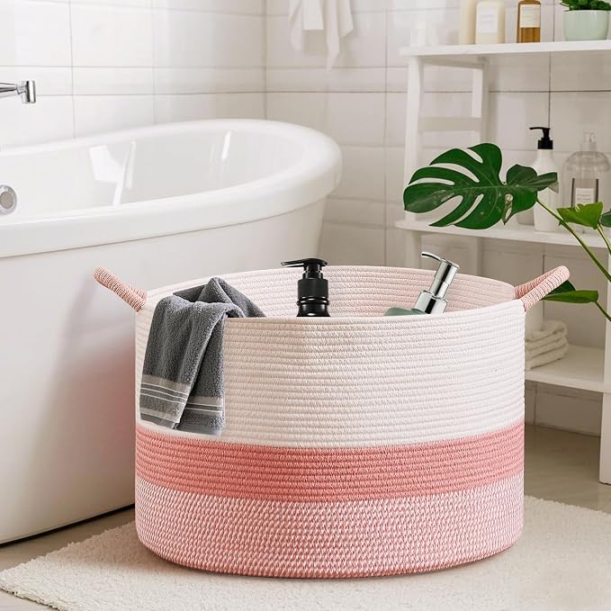 CLHMILY&Z Large Cute Pink Basket - 20x13 Inches - Blanket Hamper for Living Room, Round Storage Bin, XLarge Laundry Organizer for Clothes, for Tree Plant, Mix Brown