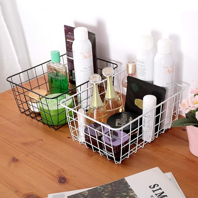 Kitchen Black Wire Baskets for organizing Farmhouse Decor Metal Food Storage Organizer, Household Storage BasketRefrigerator Bin with Handles for Cabinets,Pantry Set of 4 (Black)