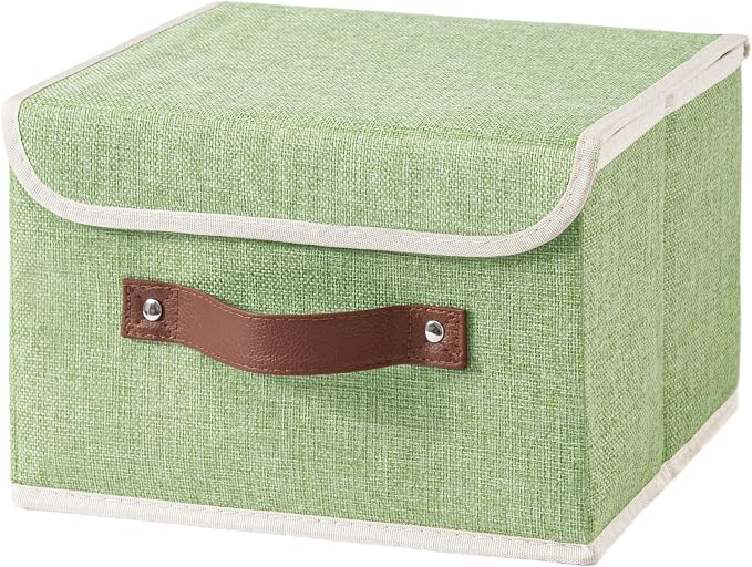 Collapsible Storage Boxes Baskets with Lid Cotton Linen Fabric Storage Bins with Faux Leather Handles Decorative Washable Cube Organizer Container for Home Closet Bedroom (Green, Small Size)