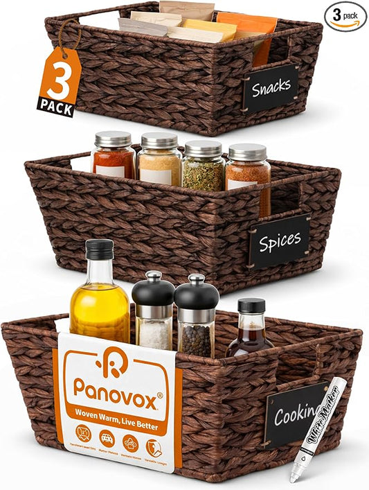 Pantry Organizers and Storage, Water Hyacinth Storage Baskets for Shelves, Brown Baskets for Organizing, Pantry Baskets with Chalkboard Labels and Marker
