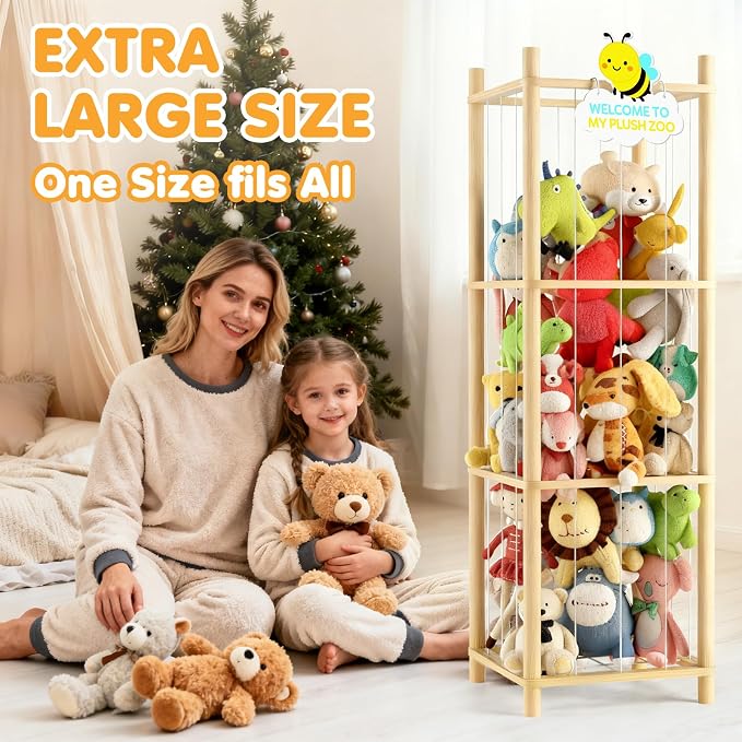 Stuffed Animal Storage Zoo Organizer Natural Pine Plushies Storage with Elastic Bands Vertical Wood Toy Holder Mesh Net Space Saving Design for Playroom Nursery Kids Bedroom