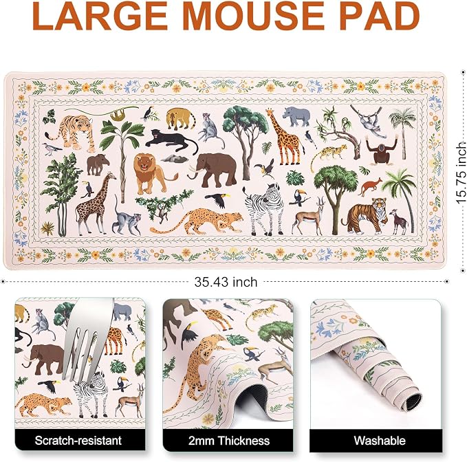 L-SPOUTTO Jungle Animal Desk Mat for Keyboard and Mouse,XXL Large Mouse Pad | Cute Non-Slip Keyboard Pad Waterproof Desktop Mat for Laptop Computer Work Game Home Office-Ivory/Beige