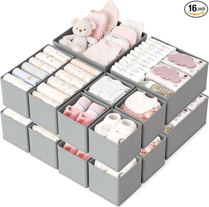 Drawer Organizer, 16 Pack Baby Dresser Organizer for Nursery, Foldable Closet Organizers and Storage Dresser Dividers for Clothes, Socks, Scarves, Ties (Gray)