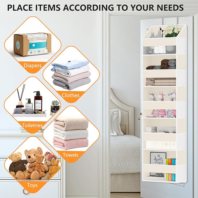 Over Door Organizer with 5 Large Pockets & 10 Mesh Side Compartments - Behind The Door Storage for Bathroom, Bedroom, Closet, Pantry, RV & Nursery - Baby Room Organizer Solution - Beige