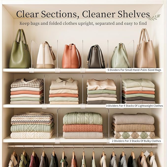 SortNStore Shelf Dividers Purse Organizer for Closet: 8-Pack Acrylic Bag Storage Organizer for Handbags, Clutches, Clothes, Sweater, Towel on Wood Shelves