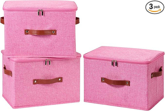 3PCS Storage Bins Boxes with Zippered Lids Cotton Linen Fabric Decorative Basket PU Leather Handles PP Plastic Board Foldable Lidded Clothing Shelf Closet Organizer Container (Pink, Large)