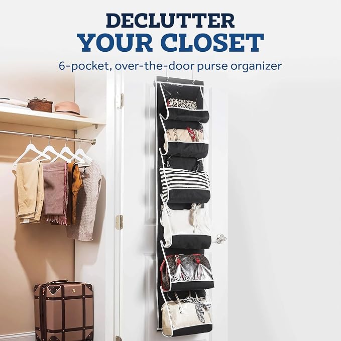 ZOBER Purse Organizer For Closet - Over The Door Purse Organizer W/ 6 Pockets for Easy Purse Storage - Durable Metal Hooks - Purse Rack W/Clear Pockets - Black (1 Pack)