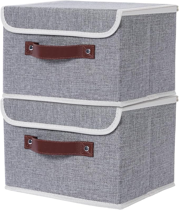 ANMINY 2PCS Storage Bin with Lid Storage Boxes with PU Leather Handles PP Plastic Board Decorative Foldable Lidded Cotton Linen Fabric Home Cubes Baskets Closet Organizer Container - Gray, Medium
