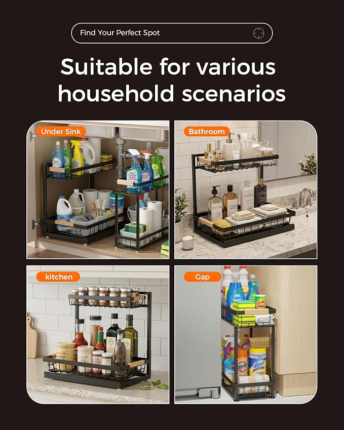 Sevenblue 2-Pack 2-Tier Height Adjustable Under Sink Organizer & Storage | Multi-purpose storage for kitchen & bathroom cabinet. Extra Large black shelf, height adjustable design for space-saving.