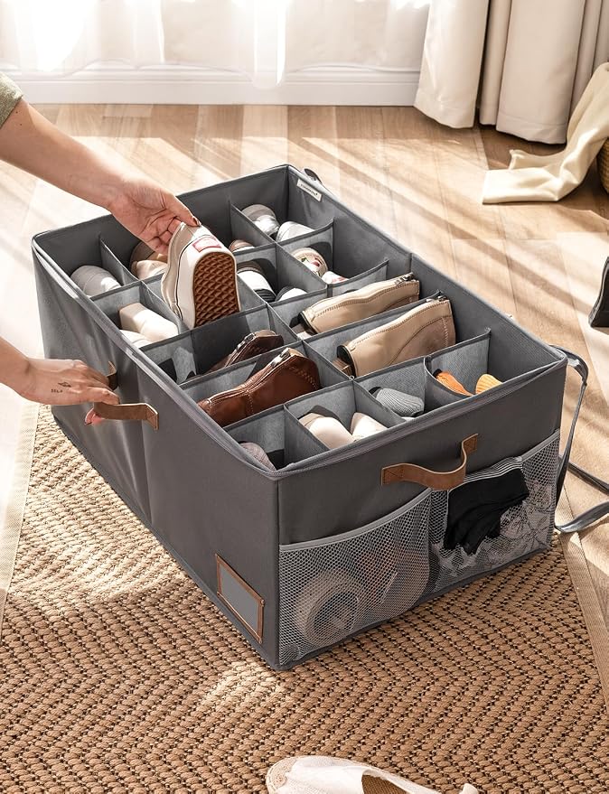 StorageWorks Shoe Organizer for Closet, Shoe Storage Containers for Entryway, Fabric Shoe Storage Organizer for Slippers and Flats, Shoe Storage Bins with Side Mesh Pocket, Fits up to 20 Pairs, Grey